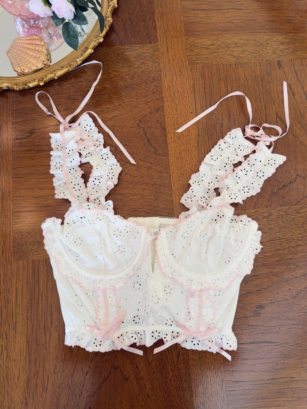 For Love And Lemons White Eyelet Lace Bustier with Pink Trim - size XS/S